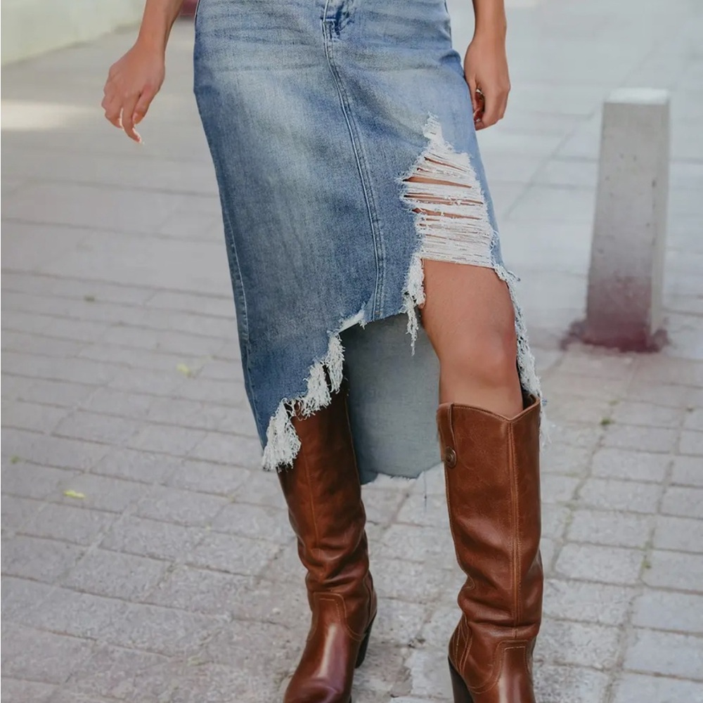 Distressed Asymmetrical Denim Midi Skirt - Blue